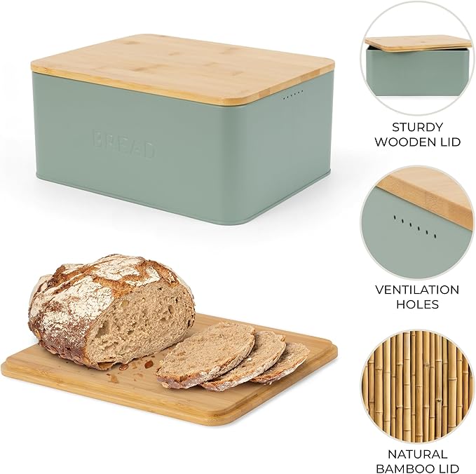 Beautiful Bread Box With Wooden Lid For Your Kitchen Countertop - Spacious Container Perfectly Stores Your Homemade Bread, English Muffins & Bagels - Quality Cutting Board Lid Keeps Bread Fresh