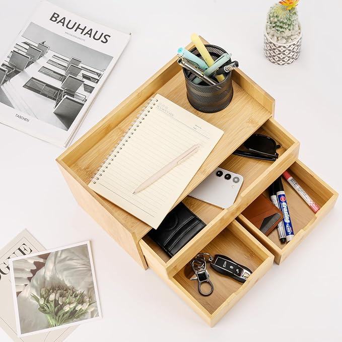 Charmewooden Bamboo Desk Organizer 3 Drawer with Shelf, Countertop Organizer with Drawers Makeup Storage Drawer 3 Drawers Tabletop Storage Organization Box Home Office Workspace