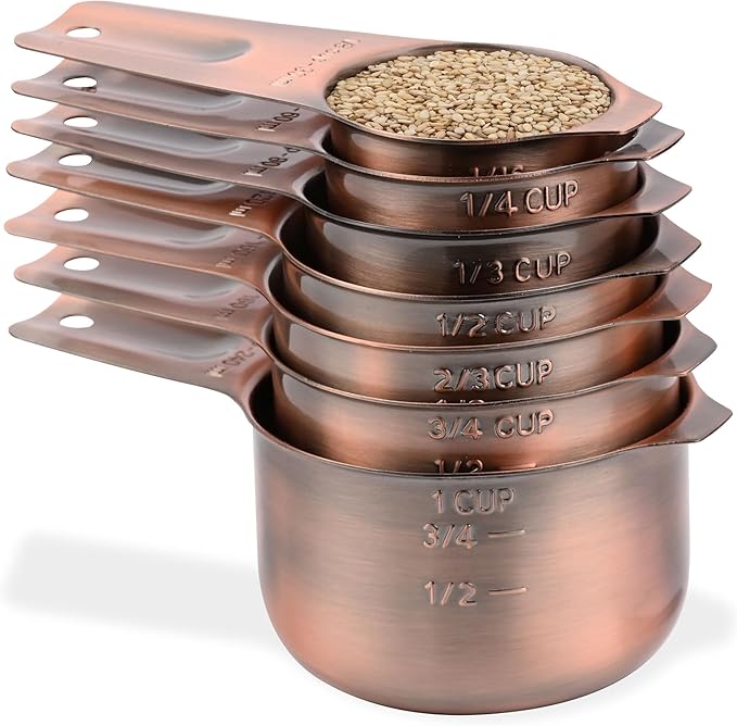 Copper Measuring Cups Set 7, Stainless Steel Measuring Cups for Kitchen & Baking, Metric & US Measuring Tools for Dry and Liquid, Metal Measure Cups with 1/8, 1/4, 1/3, 2/3, 3/4 Cup