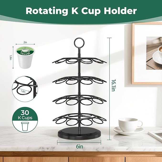 EsLuker.ly K Cup Holder Coffee Pod Organizer Carousel for Counter, Metal Storage Rack Stand for Kitchen, Rotatable 4 Tier Pod Tower Tree for 40 K Cups, Space Saving Meets Elegance, Black