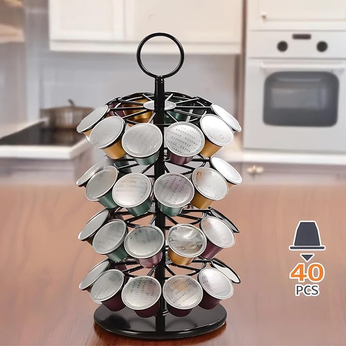 Coffee Pod Carousel with 360° Rotation, Compatible, Holds 40 Pods, Stylish Organizer