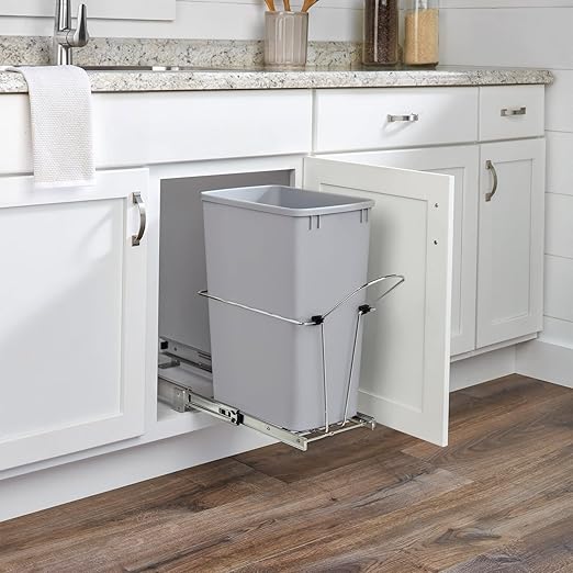 Rev-A-Shelf 32 Qt Pullout Kitchen Cabinet Metal Wire Sliding Universal Trash Can with Rear Basket for Waste Disposal and Organization, RUKD-1432RB-1