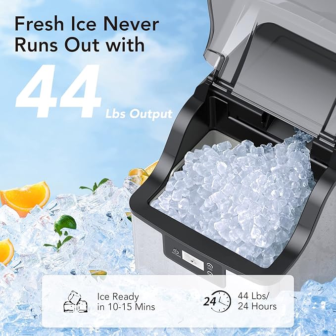Nugget Ice Maker, Ice-Making of 44lbs/24h, Crushed Ice Maker Machine with Self-Cleaning, Low Noise Countertop Ice Maker, Stainless Steel, Portable Ice Maker for Bar/Home/Office