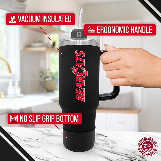 Campus Colors College & University 40 oz Travel Tumbler With Handle - Dual Option Lid With Straw - Vacuum Insulated Stainless Steel (Cincinnati Bearcats - Black)
