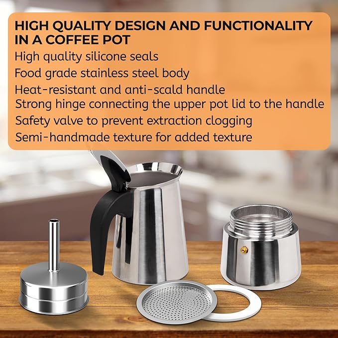 4 Cup 200ml Moka Pot Stainless Steel Espresso Coffee Maker Stovetop Coffeemaker Italian Classic Style Brewing Greca Cafe Mocha Machine for Cafeteras Lover Camping Travel and Home Use 6.6oz