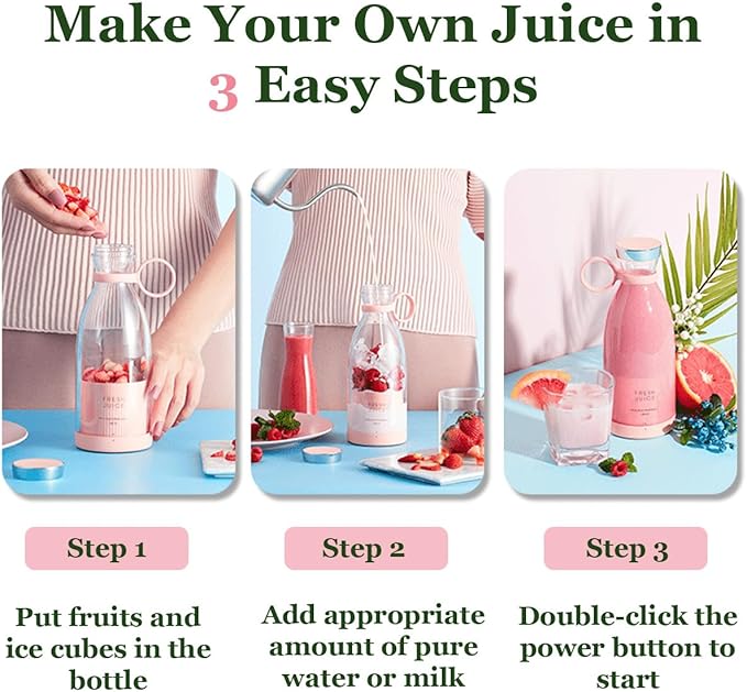 Upgraded Fresh Juice Blender Bottle Portable, Juicer Portable Blender Shake, 380ML USB/Magnetic Charging for Shakes and Smoothies, with Travel Cup and Lid (White,USB charging)
