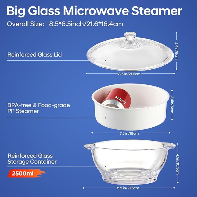 Glass Microwave Steamer for Vegetables, Broccoli, Fish & Food – Oven Safe Steamer Bowl for Cooking, BPA-Free, Odorless & Dishwasher Safe（2.5L）