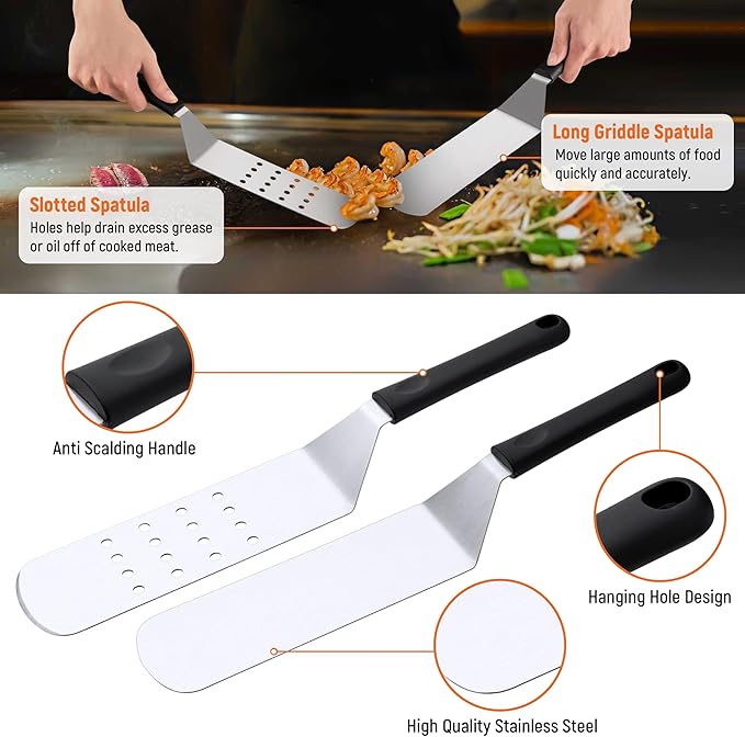 Griddle Accessries Kit, 12Pcs Stainless Steel Metal Spatula Set, Grill BBQ Spatula Utensils Set with Storage Bag, Professional Grill Spatula Set for Men Women Outdoor BBQ & Camping