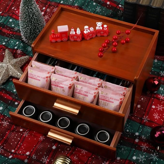 Tea Organizers and Storage Box with Drawer Tea Station organizer for Countertop with 8 Compartments Pine Wood Tea Bag Organizer with Drawer Teabag Holder with 4 Cotton Woven Coasters（Brown02）