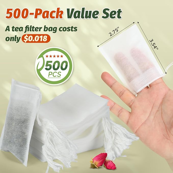 500Pcs Disposable Tea Bags for Loose Leaf Tea, Empty Tea Filter Bags with Cotton Drawstring, Fillable Tea Infuser Sachets for Loose Tea, Coffee, Herb, Spice and More (3.54"x 2.75")