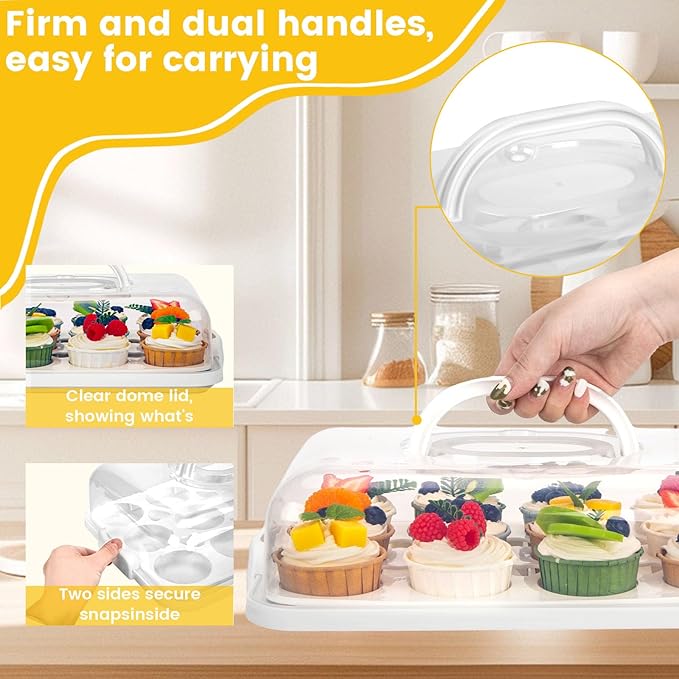 VGOODALL Cake Carrier with Lid and Handle, 12 Capacity Cupcake Carrier, 2-in-1 Rectangular Cupcake Holder for Pies Muffin Pizza Nuts Fruit, Dessert Storage Containers for Parties, Picnics, Baking