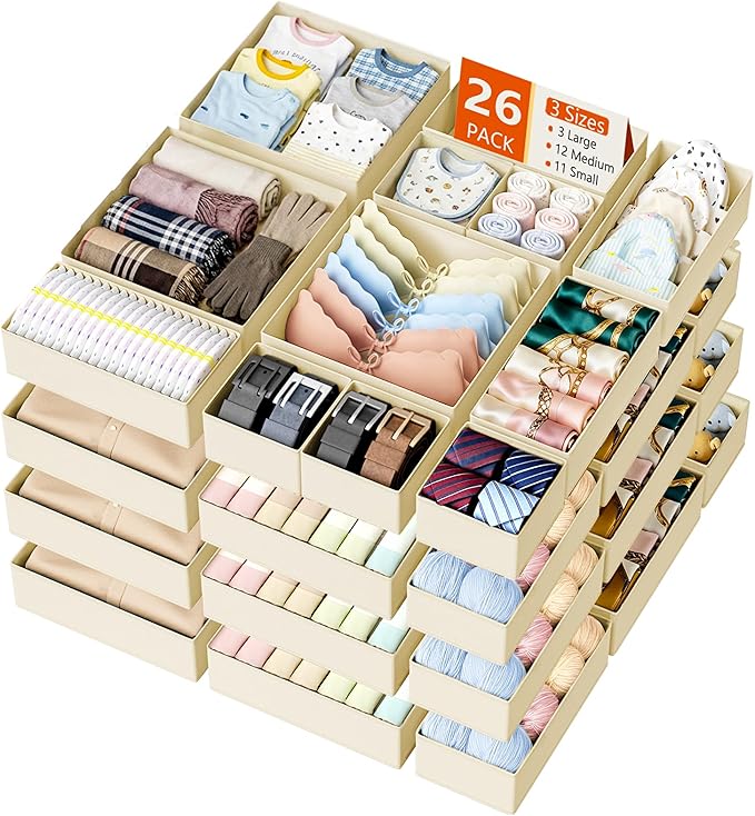 DIMJ Drawer Organizer Clothes - 26 Pack Closet Drawer Organizer Bins for Baby Clothes Storage, Fabric Dresser Organizer for Nursery Bedroom, Foldable Small Drawer Dividers for Underwear Socks