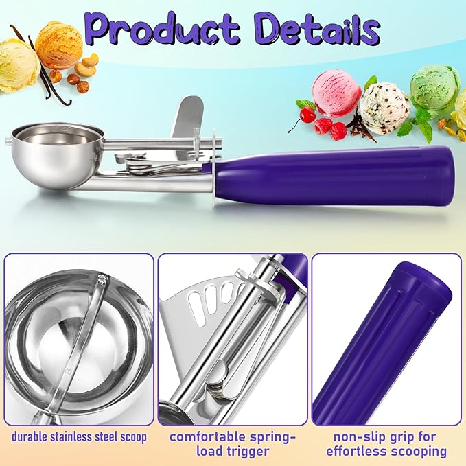 Reallnaive 2 Pcs Release Cookie Scoops Ice Cream Scooper with Trigger Release Portion Scoop Stainless Steel for Portion Control, Baking Food, Cookie Dough (0.75 oz,Purple)