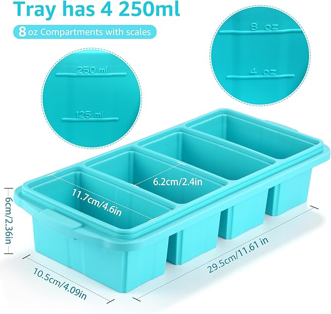 Ztomine Silicone Freezer Tray With Lid - Silicone Freezer Food Molds- Large Ice Cube Tray,Silicone Freezer Container,Freeze & Store Soup, Sauce, Broth,Leftovers - Makes 4 Perfect 1 Cup