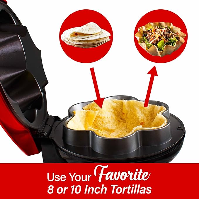 Brentwood TS-257R TS-257R 10-In. 750-Watt Electric Tortilla Taco Bowl Maker for Tostadas, Salads, Appetizers, Dips, and More, Red