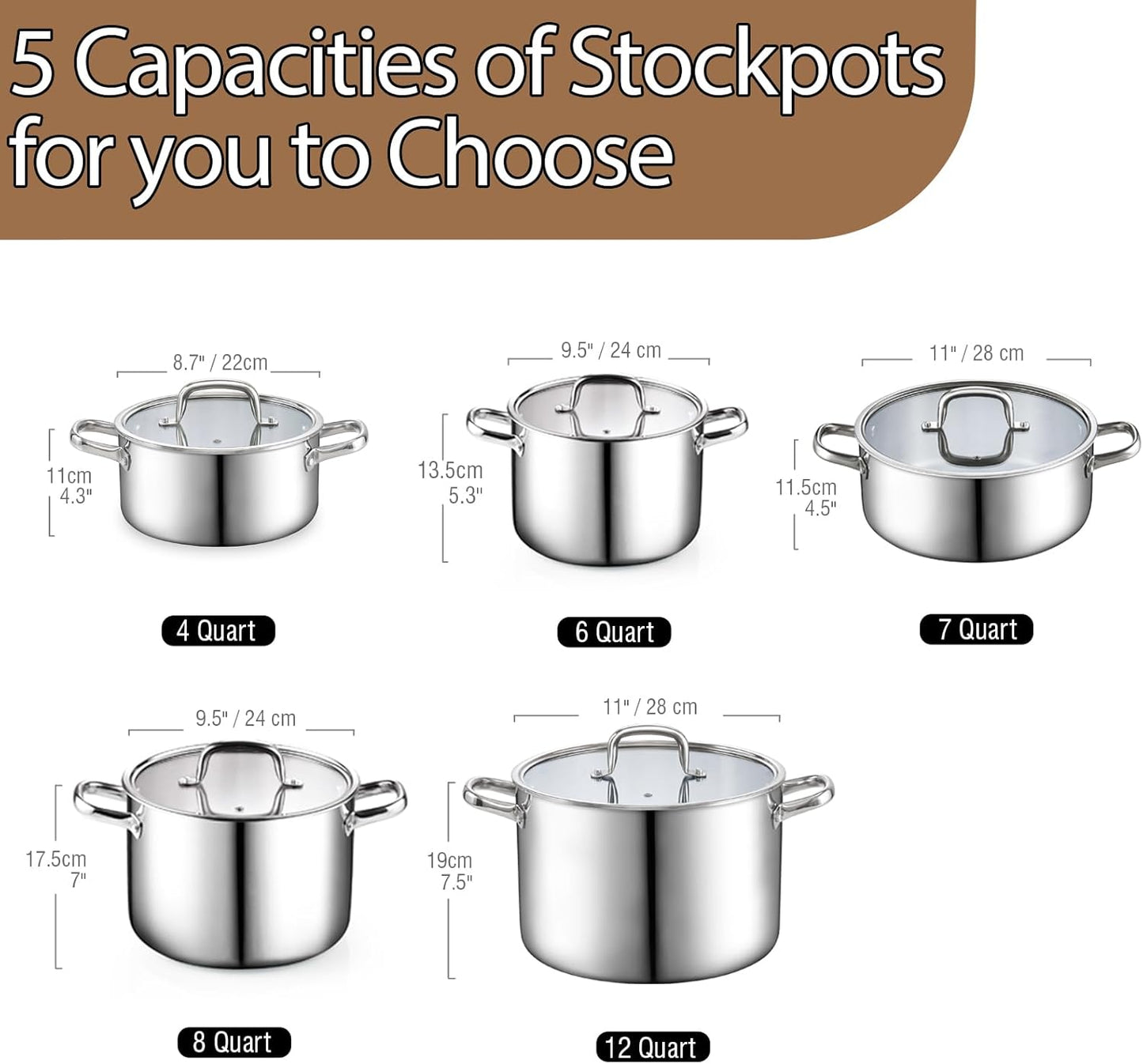Cook N Home Stainless Steel Stockpot 8 Quart, Tri-Ply Clad Soup Pot with Glass Lid, Induction Compatible, Heavy Duty Canning Pot, Dishwasher Oven Safe, Silver