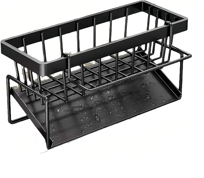Carbon Steel Kitchen Sink Caddy, Sponge Holder Self Drain Soap Dish with Detachable Dishcloth Rack for Kitchen Countertop Organizer, Black