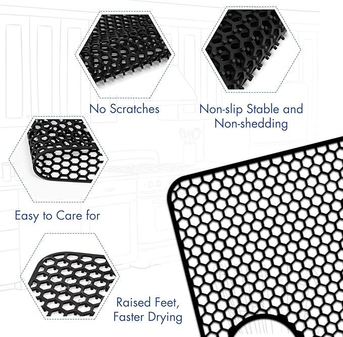Bestjing Silicone Sink Protectors for Kitchen Sink with Rear Drain - 26"x 14" Kitchen Protector Accessory, Non-Slip Heat Resistant Grid Mat for Bottom of Farmhous Stainless Steel (Rear Hole, Black)