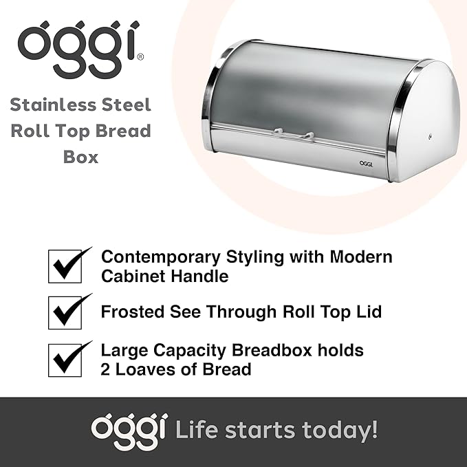 Oggi Stainless Steel Roll Top Bread Box for Kitchen Countertop with Frosted Plexilass Lid - Fits Multiple Loaves of Bread and Other Freshly Baked Goods Including Cookies, Bagels, Muffins