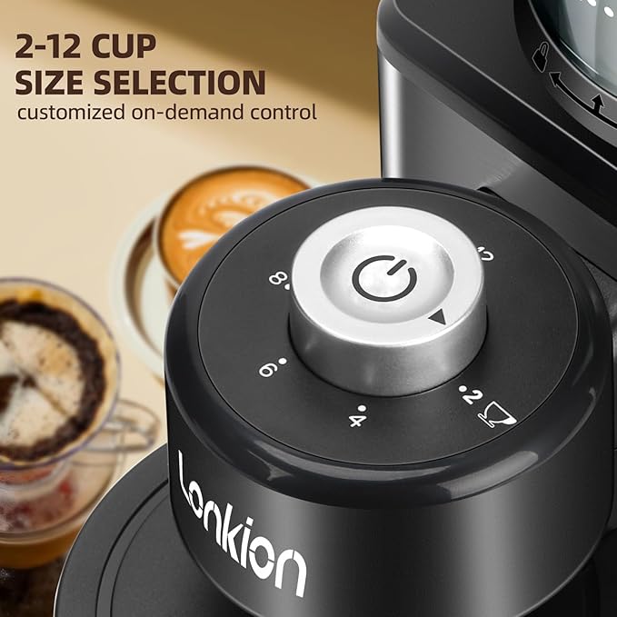 Coffee Grinder, Lonkion Conical Burr Coffee Grinder with 25 Grind Settings for 12 Cups, Home Use, Big Capacity Design, Stainless Steel