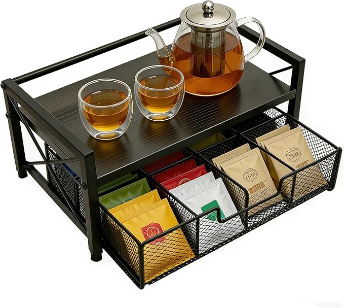 Tea Bag Organizer With Adjustable Drawer, Teabag Bar Holder Organizer For Counter, Wood ＆ Metal Station Storage Chest Display, Coffee Packet Containers Box For Countertop Kitchen Office Black