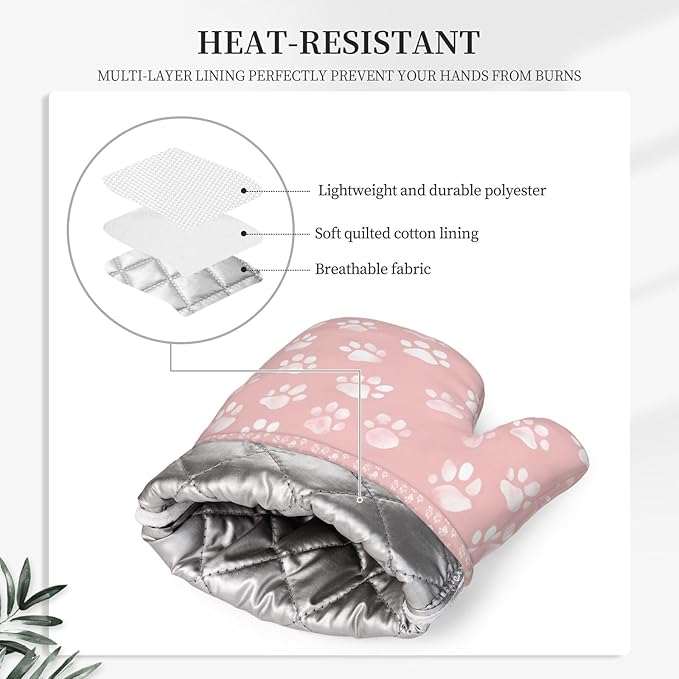 Oven Mitts and Pot Holders Pastel Pink Dog Paw Pattern Silicone Kitchen Accessories Set of 4 Heat Resistant Long Gloves Potholder Non-Slip Grip for Chef Baking Cooking Grilling BBQ