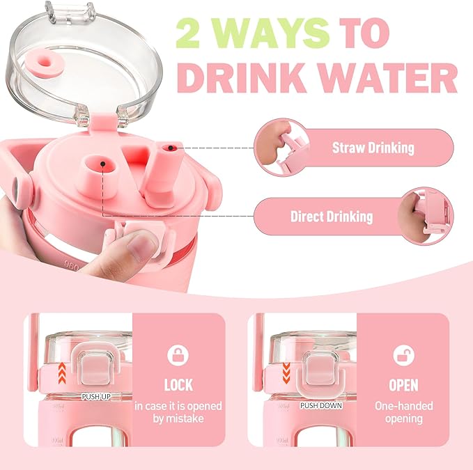 BLUEGO 32oz Glass Water Bottles with Straw Time Marker Half Gallon Large Motivational Water Bottle with Silicone Sleeve 2 Liter Large Glass Water Jug for Gym, Sports& Workout, Daily, Pink