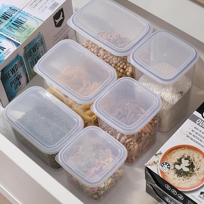 novelinks Clear Plastic Jars with Lids, Reusable Empty Rectangular Storage Containers for Household and Kitchen Organizing (9 Pack Medium)
