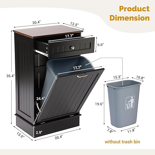 KIGOTY Tilt Out Trash Can Cabinet Trash Bin Cabinet with Hideaway Drawer Hidden Wooden Kitchen Garbage Can, Pet Proof Trash Can Holder for Kitchen (Black)