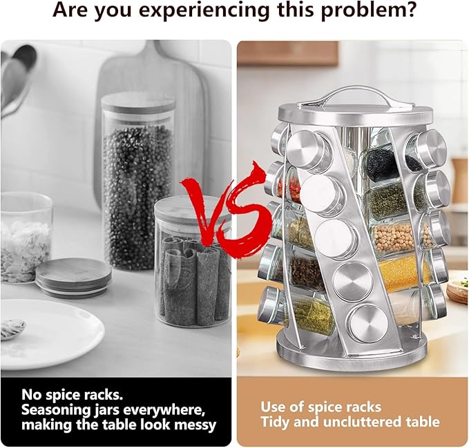 Portable Stainless Steel Spice Rack with 12 Spice Jars Included Revolving Spice Organizer for Kitchen Tower Storage Rack for Spices and Seasoning Silver