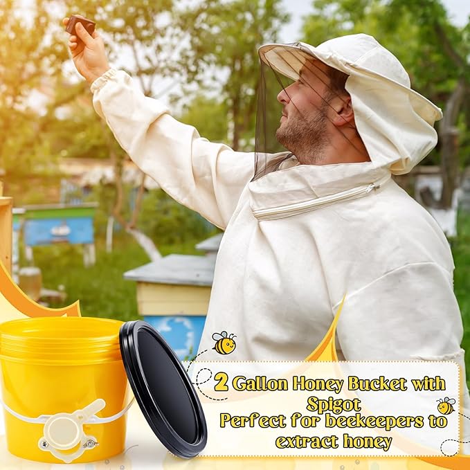 Threehoney 3 Pcs 2 Gallon Honey Bucket with Gate Honey Extractor Equipment Food Grade Bucket Food Safe Buckets with Lid for Beekeeping Supplies Extracting Storage(Yellow,Round Style)