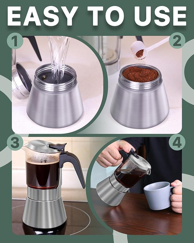 Grasseed Crystal Glass-Top Moka Pot, Polished Stainless Steel Stovetop Espresso Maker for Italian Coffee, Gift for Coffee Lovers - 4 Cup/160ml/5.6oz