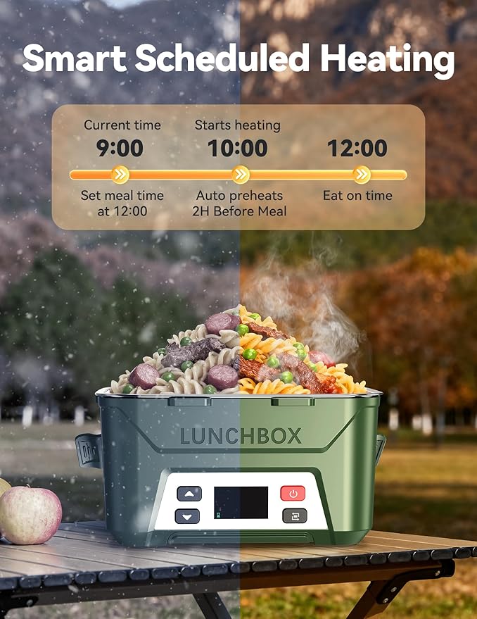 EAST OAK Heated Lunch Box for Men, Electric Lunch Box for Adults, 5.5 Cups Cordless Portable Food Warmer, Rechargeable Self Heating Food Heater with Memory Function, Automatic Keep Warm(Green)
