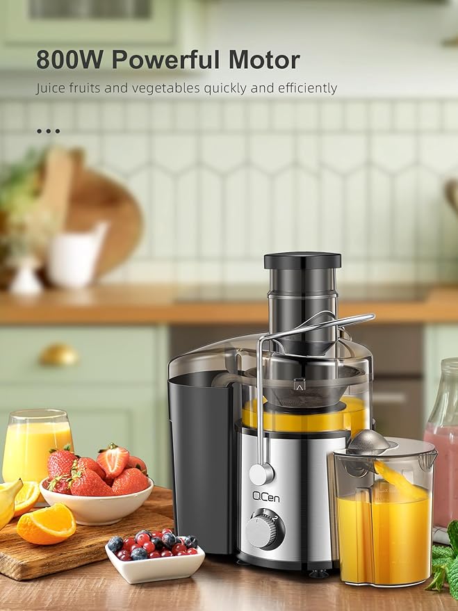 QCen Juicer Machine, 800W Centrifugal Juicer Extractor with 3” Wide Mouth Feed Chute for Fruits & Vegetables, Easy to Clean, Stainless Steel, BPA-Free