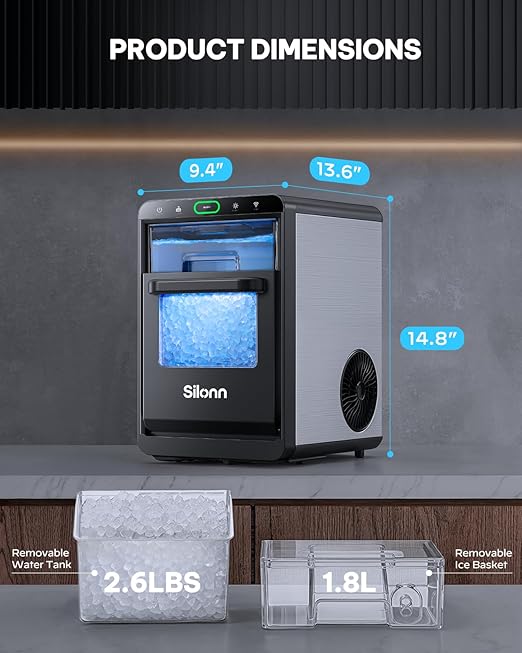 Nugget Ice Maker Countertop - Silonn Smart Pebble Ice Machine, Pellet Ice 44 lbs per Day, Crushed Ice from Timer Function and Status Alerts with Silonn App, Stainless Steel