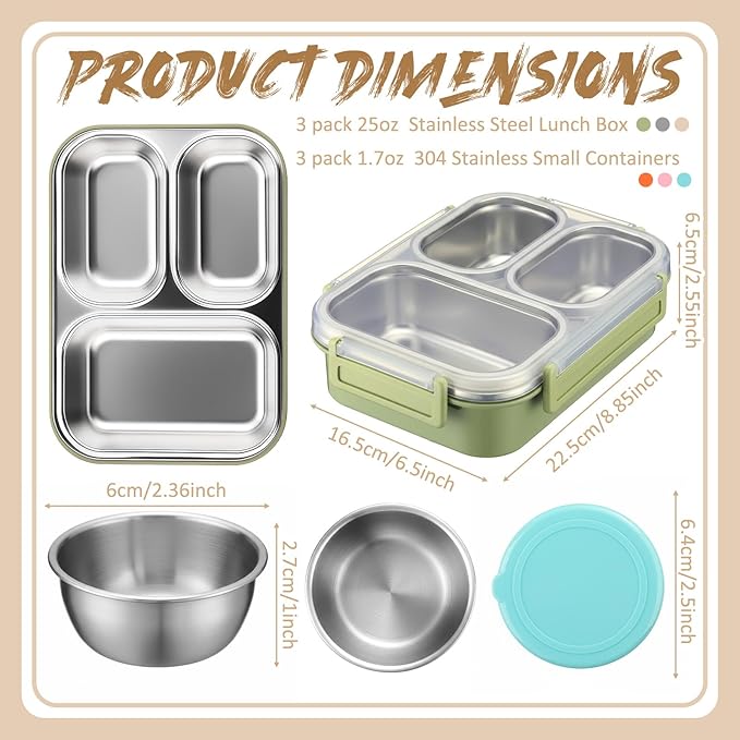 3 Pack Stainless Steel Lunch Boxes 25 oz 3 Compartment Metal Bento Box with 3 Pcs Condiment Containers and Leakproof Lids for Office Outdoor and Gym, Dishwasher Safe