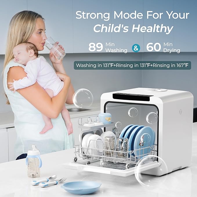 EUHOMY Countertop Dishwasher, 8 Programs Portable Dishwasher with 5L Built-in Water Tank and Inlet hose, No Hookup Needed, Mini Dishwasher with Self Clean/Baby Care/Air Dry, for Apartments, RVs, White