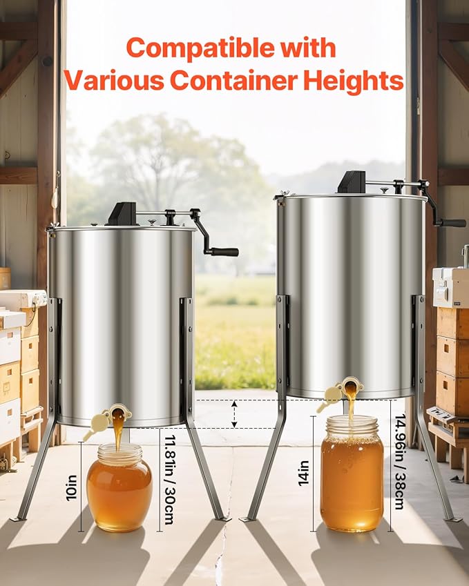 VEVOR Honey Extractor, 4/8 Frame Manual Honey Extractor with Transparent Lid, Stainless Steel Honeycomb Drum Spinner with Height Adjustable Stand, Honeycomb Extraction Equipment for Beekeeping