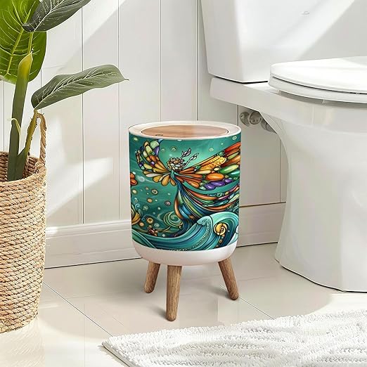 Trash Can with Lid Flower Fairy Stained Glass Art Ocean Serenity Press Top Round Small Garbage Bin with Wooden Legs Waste Basket for Kitchen Bedroom Nursery 7L/1.8 Gallon