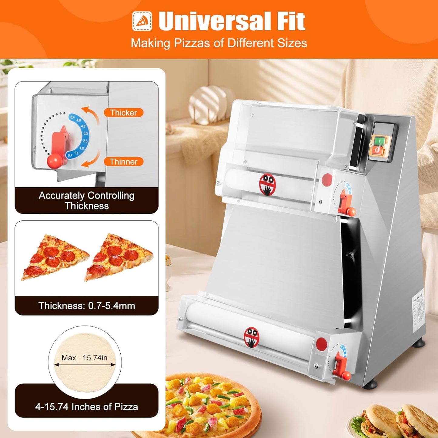 Pizza Dough Roller Sheeter, 4-15.7 Inch Automatic Commercial Pizza Press, 370W Electric Dough Roller, Stainless Steel Thickness Adjustable Dough Machine Pasta Maker - About 5S/Dough