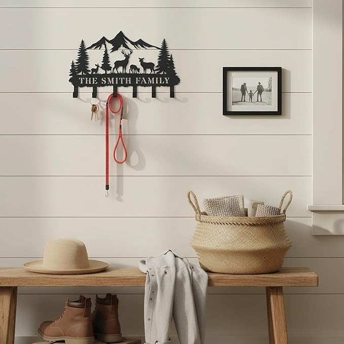 Personalized Forest Deer Coat Rack Wall Hanging Key Holder with Name, Metal Key Holder Wall Mount for Kitchen Hallway Doorway Home Decor Gift