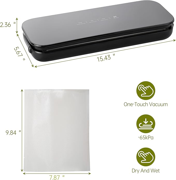 THETCHRY Vacuum Sealer For Food,6-In-1 Food Sealer Machine with 20 Large Vacuum Bags,Built-In Water Tank&Cutter,Powerful Low- Noise Food Saver with Glass Touch Screen,Black