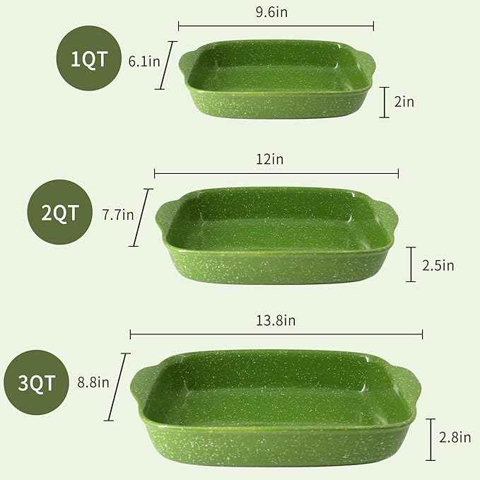 Ceramic Baking Dishes for Oven,Heavy Duty Bakeware Dish Set of 3, Rectangular Casserole,Lasagna Pan Deep,High Heat Resistant,Glazed Handcraft Speckle Series (13.8''/12''/9.6''Green)