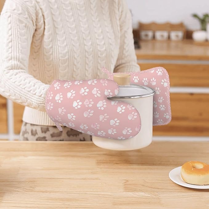 Oven Mitts and Pot Holders Pastel Pink Dog Paw Pattern Silicone Kitchen Accessories Set of 4 Heat Resistant Long Gloves Potholder Non-Slip Grip for Chef Baking Cooking Grilling BBQ