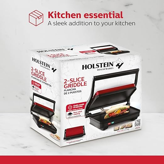 Holstein Housewares 2-Slice Electric Griddle, Non-Stick Sandwich Maker with Adjustable Temperature, Cool-Touch Handle, Metallic Red