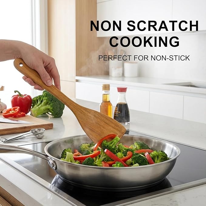 9 Pack Best Wooden Spoons Non Toxic Cooking Utensil Set with Utensils Holder Kitchen Slotted Turner Spatula Set Acacia Wood Utensils for Cooking Spoon Scraper Spurtle Bamboo Flat Egg Flipper Spatulas