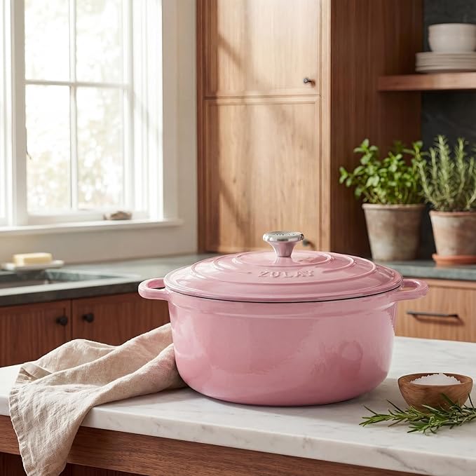 Zulay Kitchen 7.7 Quart Enameled Cast Iron Dutch Oven Pot with Lid – Premium Durability & Oven Safe up to 500°F – Heavy Duty Cookware Perfect for Bread Baking, Stews, Braising & Roasting – Pink