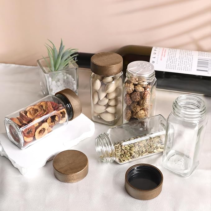 ZEHIQ 12Pcs 4oz Square Glass Spice Jars with Moisture-Proof Acacia Wood Lids, Food-Grade Seasoning Containers with Shaker Lids, 268 Labels, Markers, Funnel & Brush for Pantry Cabinet Drawer Storage
