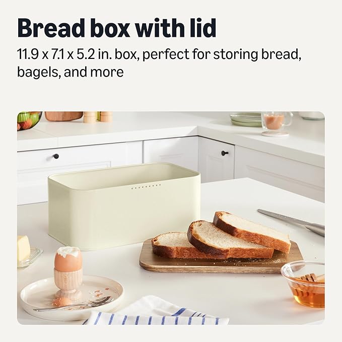 Amazon Basics Carbon Steel Bread Box with Acacia Wood Lid, Lid Doubles as Cutting Board, 11.9 x 7.1 x 5.2 in