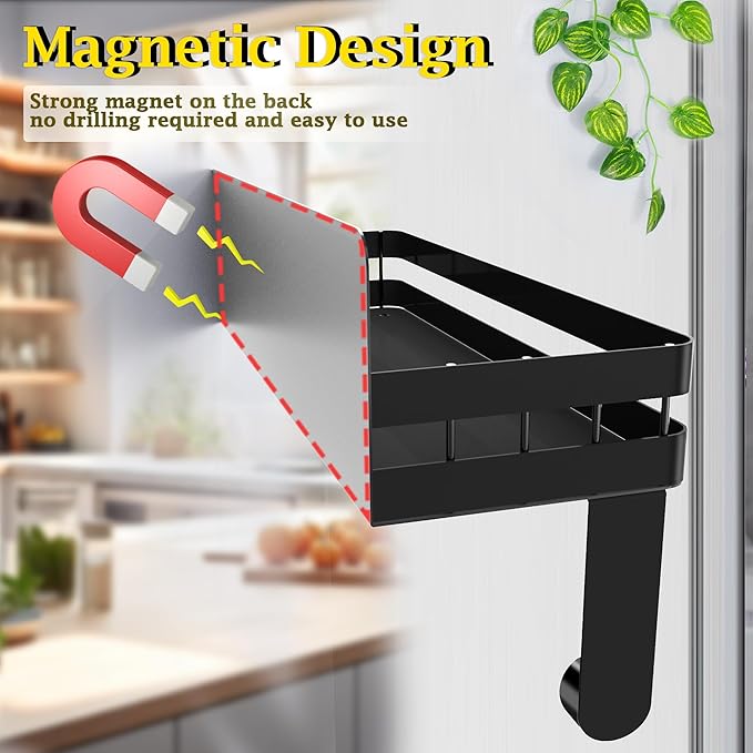 DELITON Magnetic Paper Towel Holder for Fridge - Black Paper Towel Roll Holder with Shelf for Grill Strong Magnetic Heavy Duty, Kitchen Refrigerator Organization Spice Rack with 2 Hooks No Drill